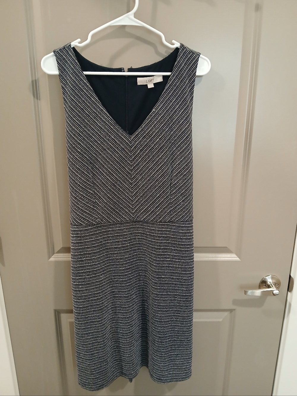 LOFT Black and White Striped V-Neck Midi Dress